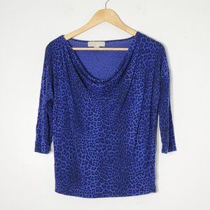 Micheal by Micheal Kors Drape Neck Leopard Print Blouse Shirt Blue Black S